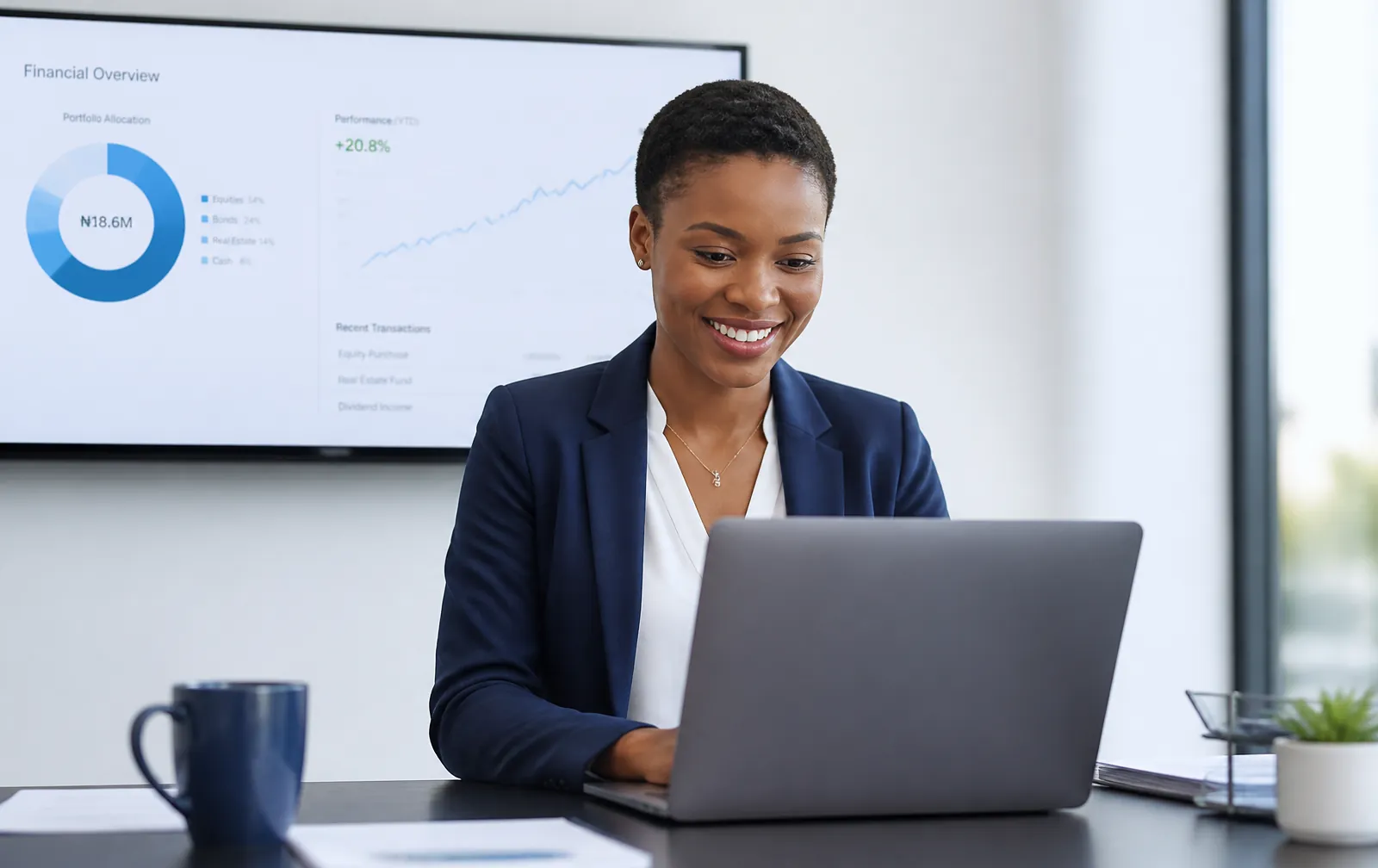 African businesswoman reviewing portfolio performance on a laptop in a modern office