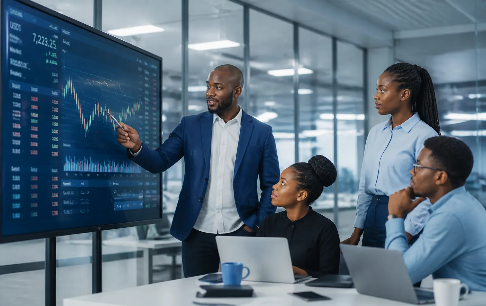 African fintech team reviewing trading analytics together on a large screen