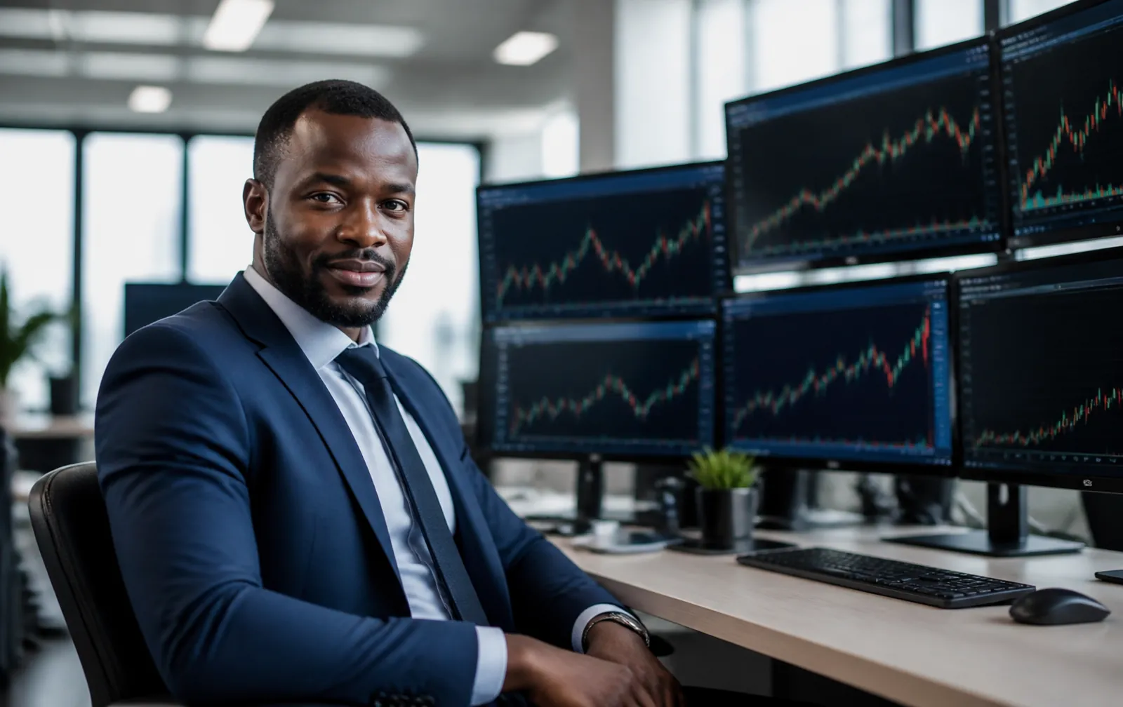 Confident African trader at a multi-screen trading desk with live candlestick charts