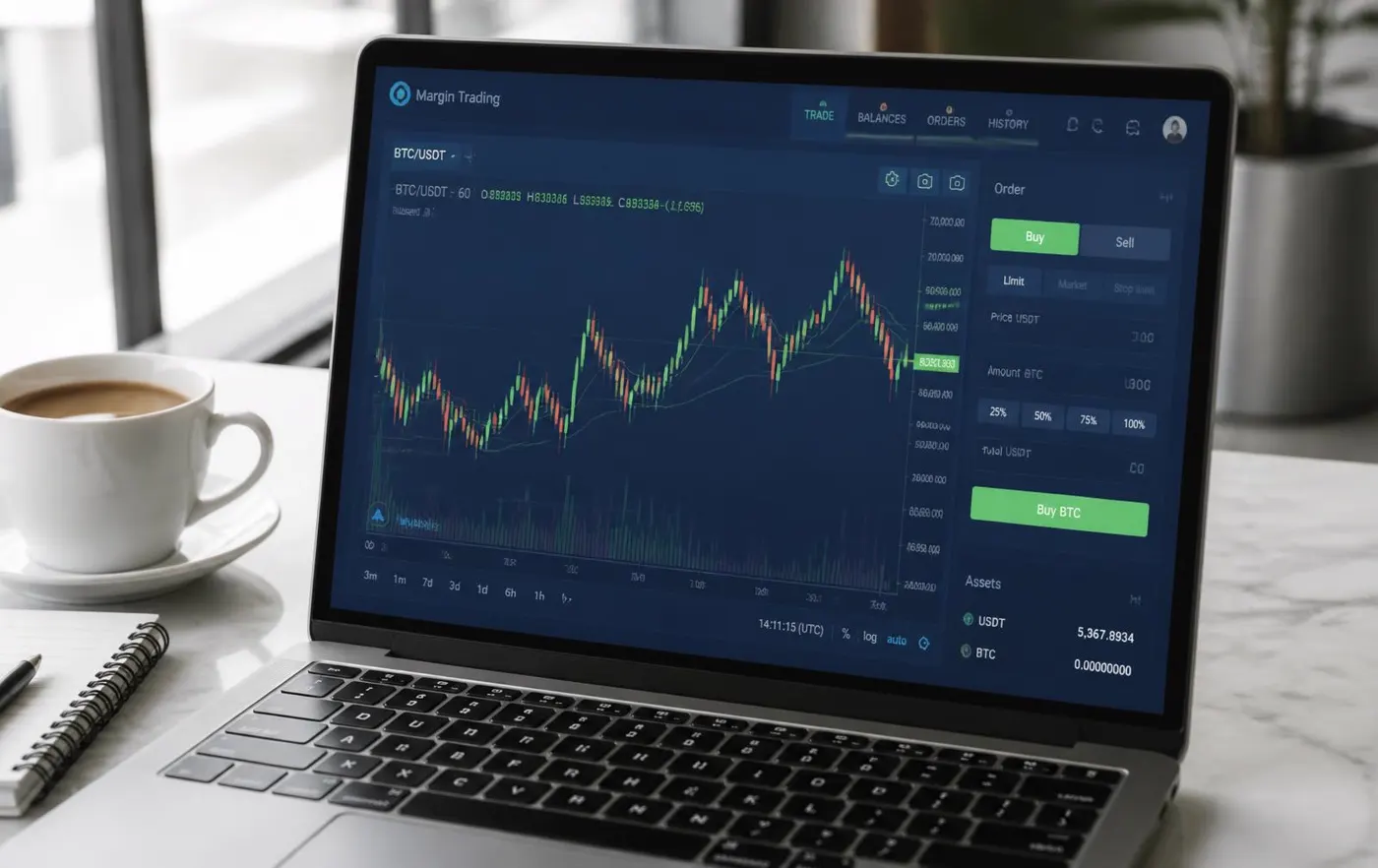 Laptop displaying a blue candlestick trading dashboard on a marble desk
