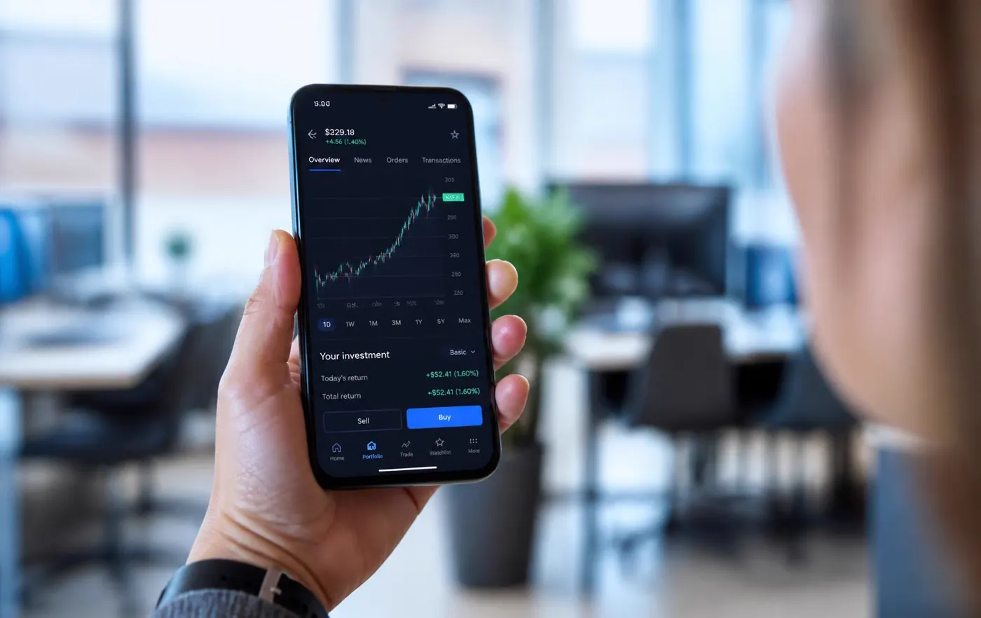 Person checking a trading portfolio on a smartphone in a modern office