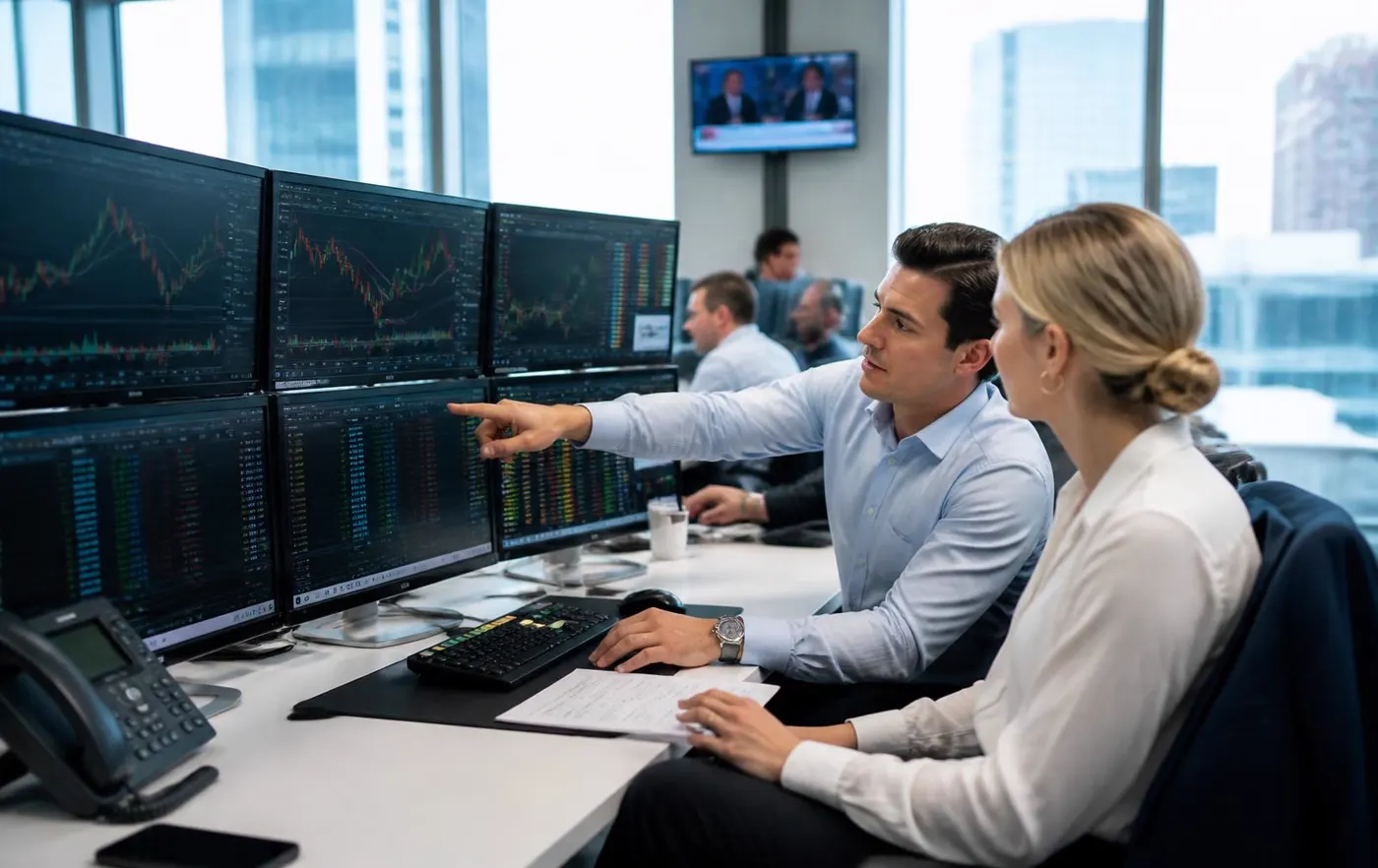 Two traders reviewing live market charts across multiple monitors in a bright office